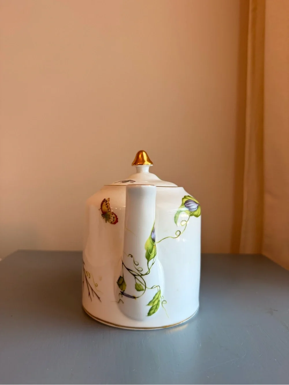 Vintage I Godinger & Co Floral Teapot Botanical Porcelain Gold Trim Lidded